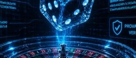Glowing blue dice above a roulette wheel with cryptographic seed hashes and a provably-fair verified badge — symbolising transparency and verifiable fairness in online gambling