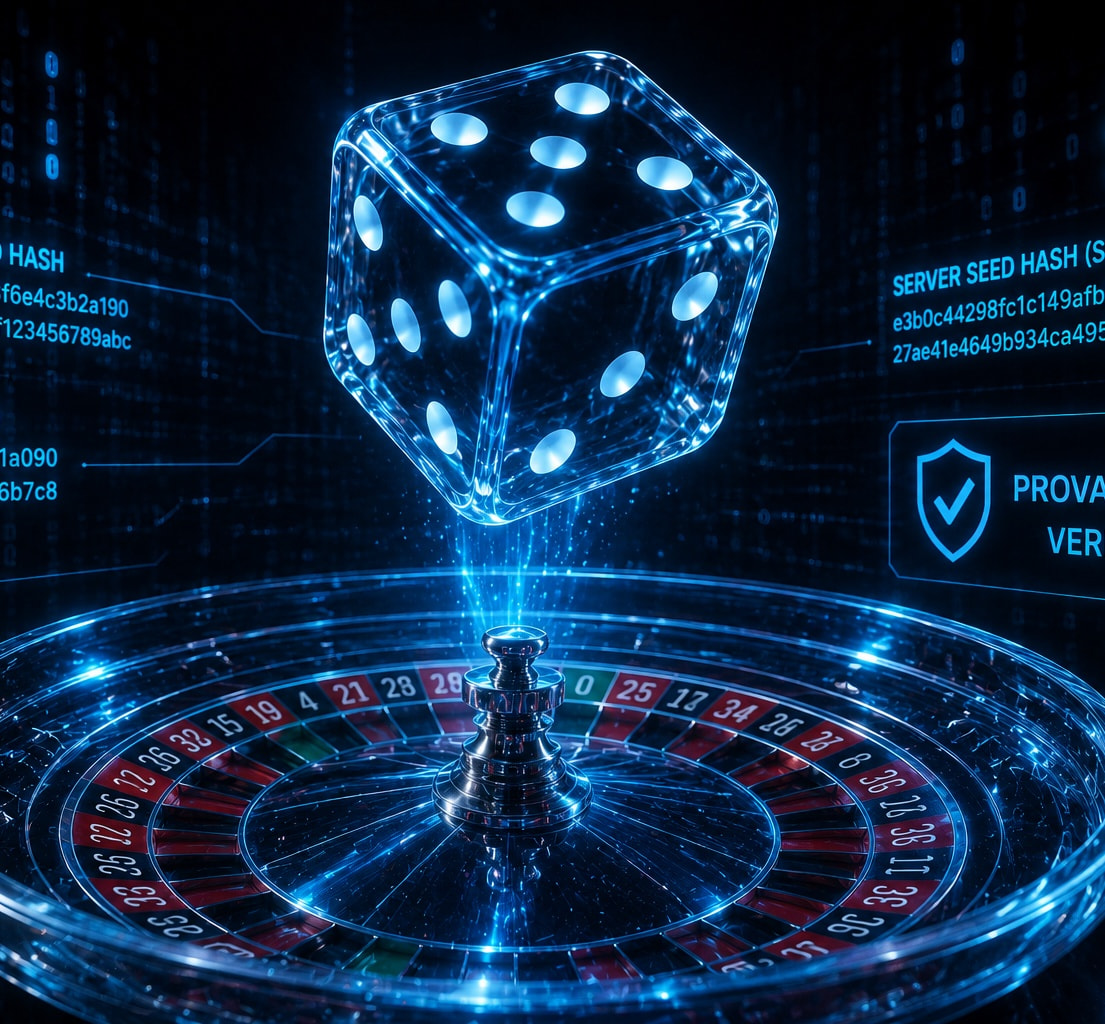 Glowing blue dice above a roulette wheel with cryptographic seed hashes and a provably-fair verified badge — symbolising transparency and verifiable fairness in online gambling