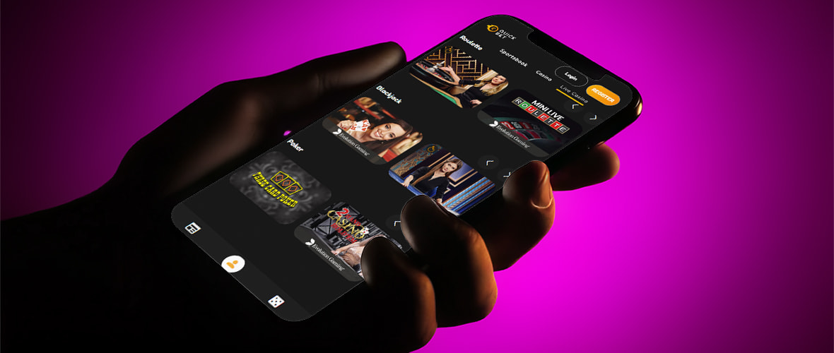 Live Dealer tables at QuickBet, powered by Evolution, Pragmatic Play Live and Stakelogic — viewed on iPhone 14 Pro.