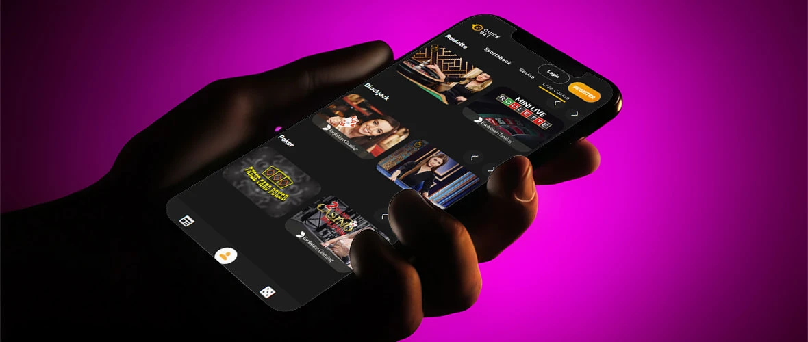 Live Dealer tables at QuickBet, powered by Evolution, Pragmatic Play Live and Stakelogic — viewed on iPhone 14 Pro.