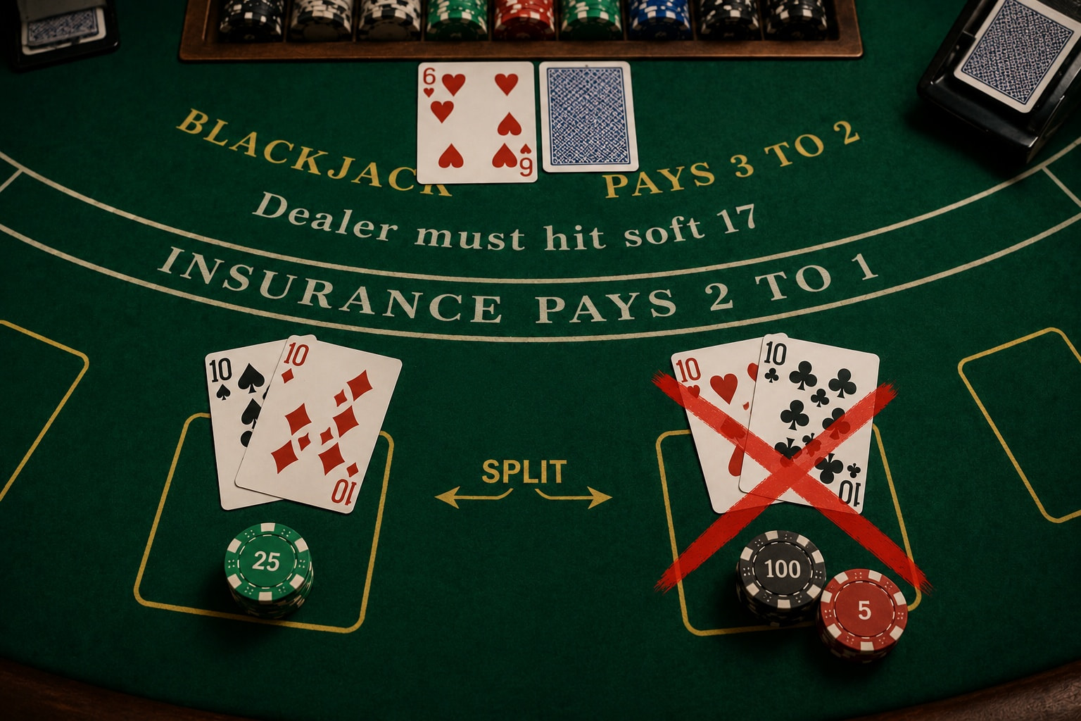 Blackjack table showing a pair of 10s split into two hands, with the split option crossed out in red — illustrating why splitting 10s is a poor move