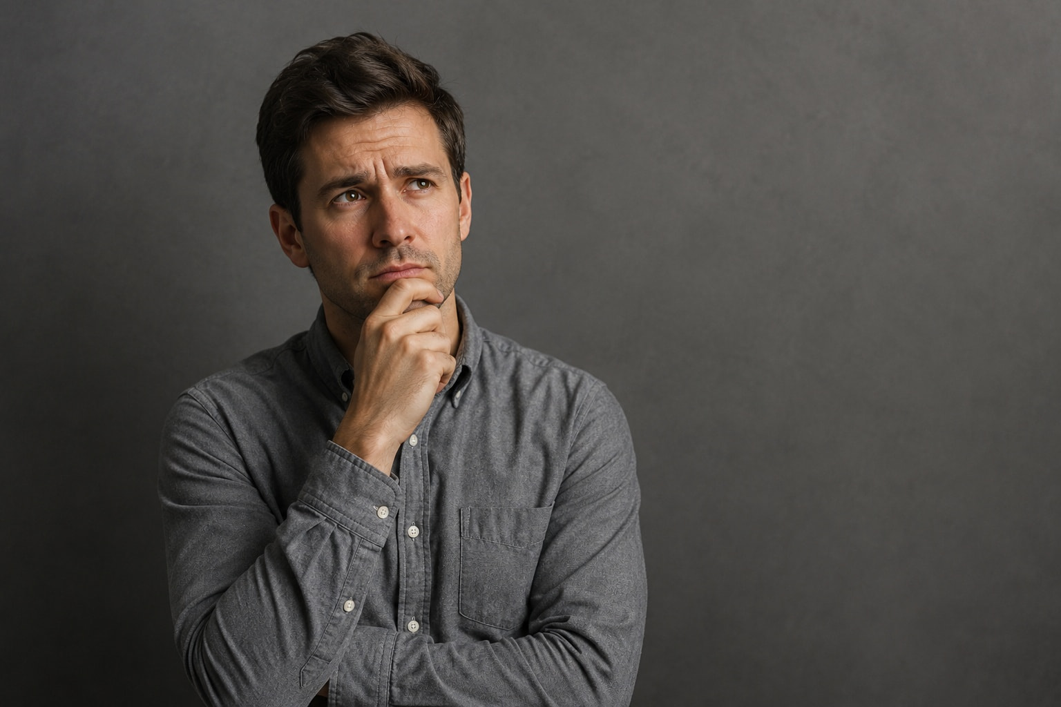 Man in a grey button-up shirt resting his hand on his chin, deep in thought — illustrating unreliable memory and self-reflection in gambling