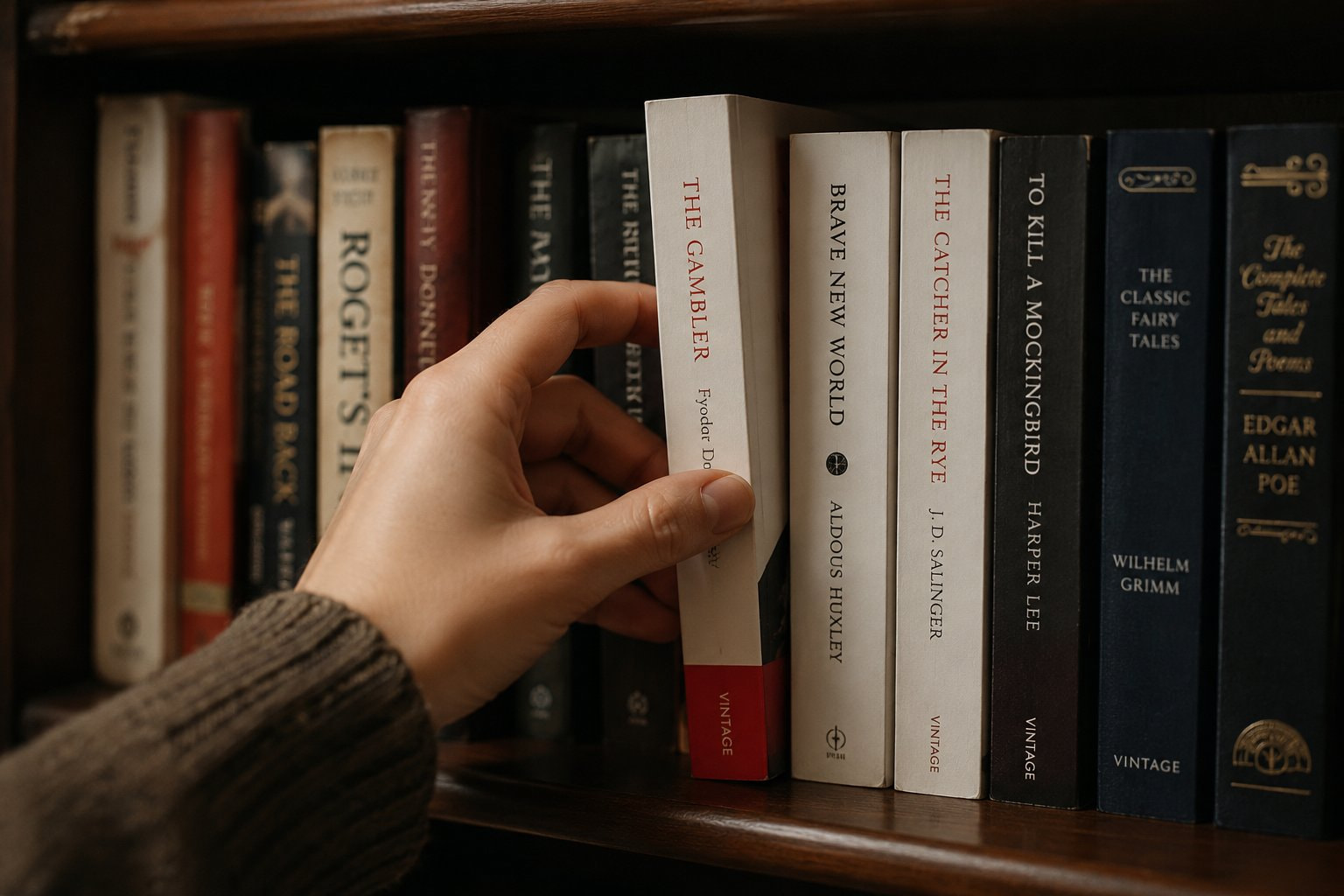 Person picking a book from a bookshelf