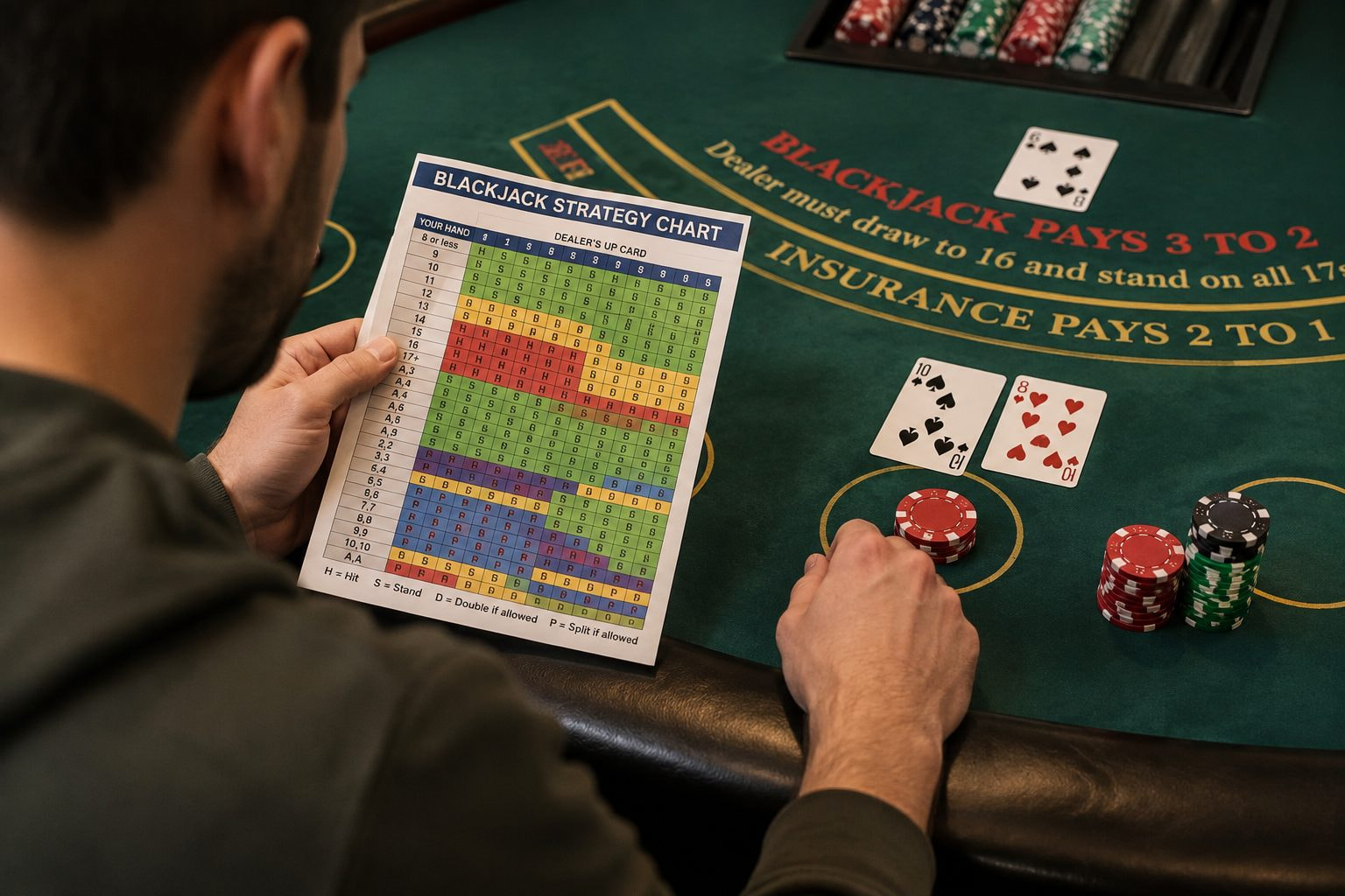 A person using a blackjack strategy chart